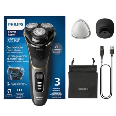 Abbildung von Philips Shaver Series 3000 Elektrischer Nass und Trockenrasierer für Männer in Schwarz, mit SkinProtect Technologie, ausklappbarem Bartschneider, Ladestation Reisetasche (Modell S3342/13)