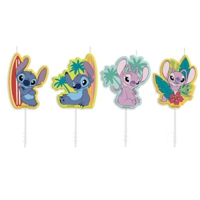 Abbildung von dekora Disney Stitch Geburtstagskerzenset, 4 teilig, tropisches Hawaii Design, Dekoration für Kuchen und Cupcakes, Bunt