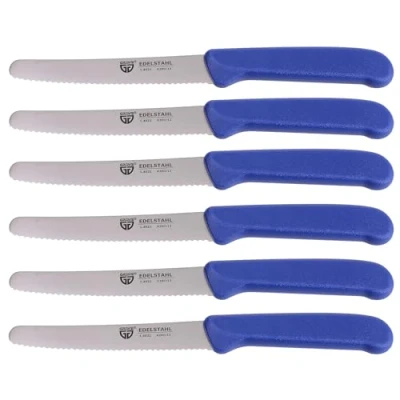 Abbildung von GRÄWE Tafelmesser 6 Stück, Messerset zum Schneiden, 6er Pack Brötchenmesser, Frühstücksmesser mit einseitigem Wellenschliff, Brotmesser, scharfe Messer für Brotzeit, 21 cm Blau