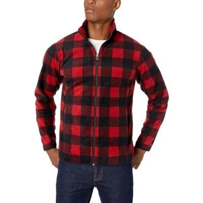Abbildung von Amazon Essentials Herren Fleecejacke mit durchgehendem Reißverschluss (in Big und Tall erhältlich), Rot Schwarz Buffalokaros, L