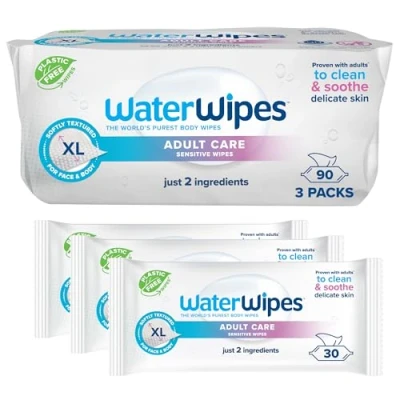 Abbildung von WaterWipes Adult Care Hygiene Tücher, 90 Stück (3 Pack), extra groß, 99,9% Wasserbasis, für Körper &amp; Intimbereich den täglichen Gebrauch.