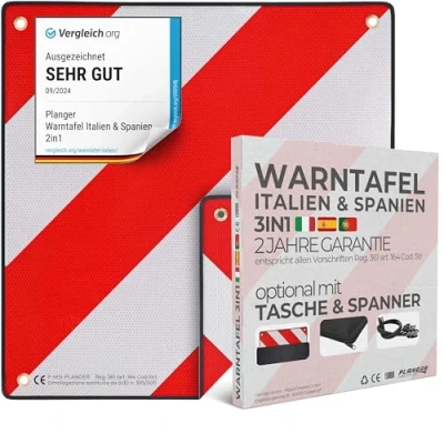 Abbildung von PLANGER® Warntafel Italien und Spanien 2in1 (50 x 50 cm) Reflektierendes Warnschild rot weiß für Heckträger u Fahrradträger
