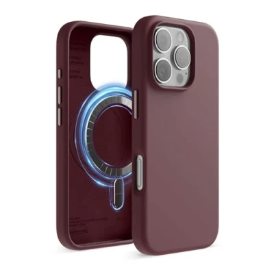 Abbildung von elago Magnetisch Silikon Hülle Kompatibel mit iPhone 16 Pro 6,3 Zoll, Allen MagSafe Zubehör Eingebaute Magnete, Soft Grip Silikon, Stoßfest (Burgunderrot)