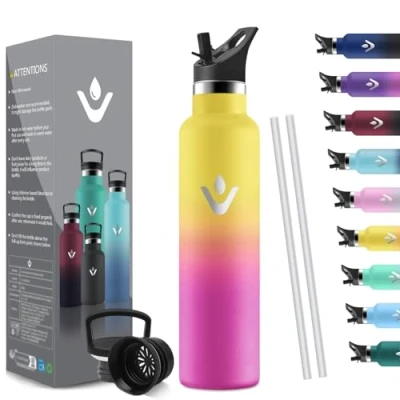 Abbildung von HoneyHolly Thermosflasche 1L BPA Frei, Trinkflasche Edelstahl, Auslaufsichere Isolierflasche Doppelwandig, Isolierflasche, Thermoflasche, Thermobecher mit Strohhalm, Kohlensäure Geeignet