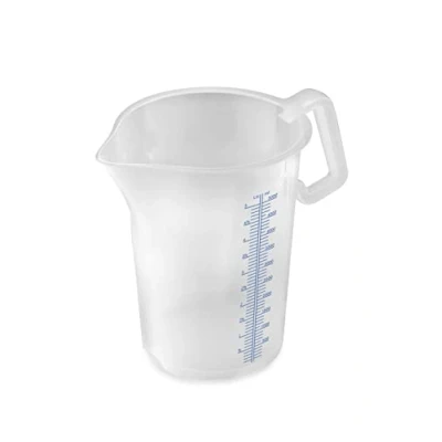 Abbildung von Thermohauser Messbecher m. geschlossenem Griff, 5000 ml, Kunststoff PP, blaue Skala in Litern und Millilitern 8300040091 Transparent