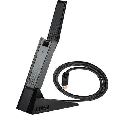 Abbildung von MSI AX1800 WiFi 6 Dual Band USB Adapter WLAN bis zu 1800 Mbit/s (5GHz, 2.4GHz Wireless), 3.2 Gen 1 Typ A, MU MIMO, einstellbare Antenne, Beamforming, WPA3 Kabelgebundene Halterung inbegriffen