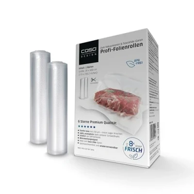 Abbildung von CASO 6 Sterne Profi Folienrollen 20 x 600 cm, 2 Rollen, für alle Vakuumierer, SousVide geeignet, wiederverwendbar, stark und reißfest ca.150 μm, 100% aromadicht, Schutz vor Gefrierbrand