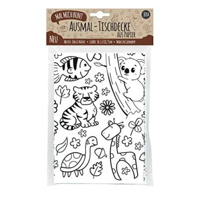 Abbildung von Papier Tischdecke zum Ausmalen, Motiv Zoo, bemalbare Tiere, Deko Kindergeburtstag, Kreative Kinderbeschäftigung, Ausmalen Mal Mich Bunt