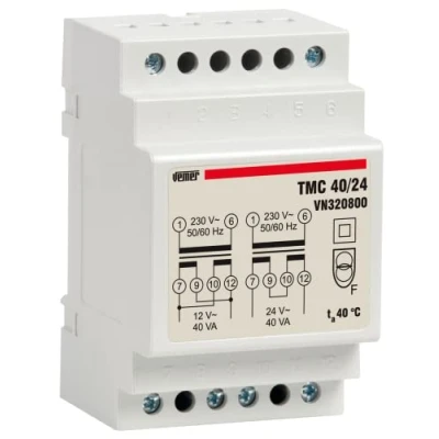 Abbildung von VEMER VN320800 TMC 40/24 Transformator für Hutschienen mit Primärspannung 230V, Trafo Sekundärspannung 12 24V und Leistung 40VA, Weiß