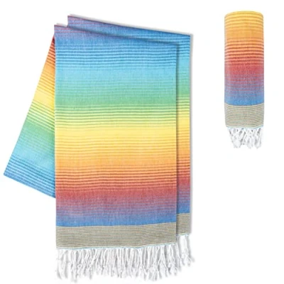 Abbildung von LAYNENBURG 2er Set Premium Hamamtuch mit handgeknüpften Fransen 100% Baumwolle XXL Strandtuch 100x200 cm Oeko TEX 100 Strandhandtuch groß Saunatuch &amp; Reisehandtuch (Rainbow)