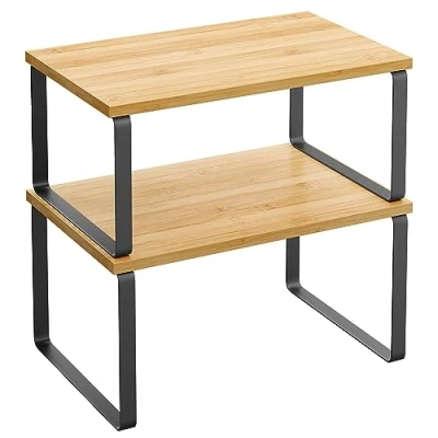 Abbildung von SONGMICS Gewürzregal, 2er Set Küchen Organizer, Küchenregal, Schrank Organizer Küche, erweiterbar, kleines Regal, stapelbar, Metall und Holzwerkstoff, tintenschwarz naturbeige KCS02NB