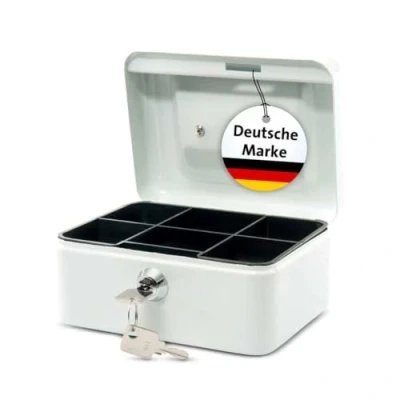 Abbildung von MAUL Geldkassette aus Stahl 15,2x11,5x8 cm abschließbar klein mit Münzgeld Einsatz Kasse 2 Schlüsseln Ideal als Spardose, Sparbox, Trinkgeldkasse Weiß