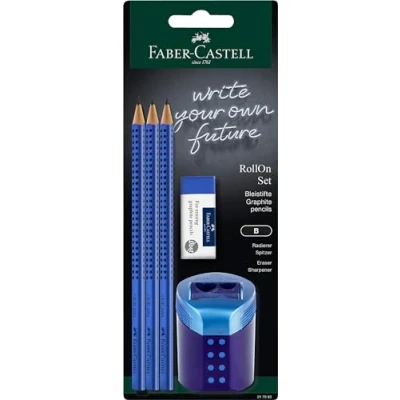 Abbildung von FABER CASTELL 217083 Bleistifte Set Grip 2001, mit Radierer, RollOn Spitzdose und 3 Bleistifte, Schreibset blau