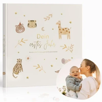 Abbildung von MeinBaby123® Babyalbum Dein erstes Jahr hochwertig vergoldet mit 136 Ausfüllseiten Geschenk zur Geburt, Babygeschenke, Babytagebuch zum ausfüllen für Meilensteine im 1. Lebensjahr(boho beige)