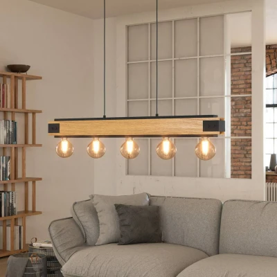 Abbildung von EGLO Pendelleuchte Layham, 5 flammige Hängelampe Vintage, Industrial, Retro, Hängeleuchte aus Stahl und Holz in Schwarz, Natur, Esstischlampe, Wohnzimmerlampe hängend mit E27 Fassung