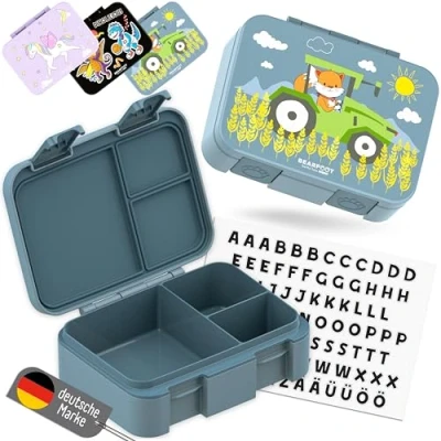 Abbildung von BEARFOOT Bento Box COMPACT BPA freie Kinder Brotdose für Schule &amp; Kindergarten Auslaufsichere Lunchbox Mädchen Jungen Praktisch, leicht kompakt (Traktor blau, 650ml)