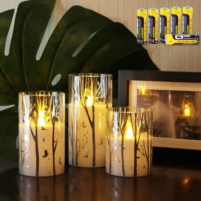 Abbildung von Rhytsing flammenlose Kerzen im Glas Birke Design, 3 Glaswindlichter mit 24 Stunden Timer, warmweiße Licht Batterien enthalten