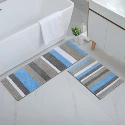 Abbildung von Homaxy rutschfest Badematten Set 2 teilig Mikrofaser Saugfähige Badteppich Weich Hochflor Badvorleger 40 x 60 cm + 120 cm, Blau/Grau