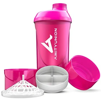 Abbildung von AMITYUNION Frauen Protein Shaker 700 ml Set ORIGINAL Deluxe Eiweiss auslaufsicher BPA frei mit Sieb und Skala für Cremige Whey Shakes, Gym Fitness Becher Konzentrate in Pink Cup