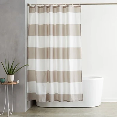 Abbildung von Amazon Basics Duschvorhang aus Stoff mit Ösen und Haken 183 x cm, Hellbraun/Beige, Grau Gestreift