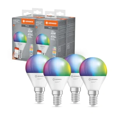 Abbildung von LEDVANCE Smarte LED Lampe mit WiFi Technologie,Sockel E14,Dimmbar,Lichtfarbe änderbar(2700 6500K),RGB Farben änderbar,ersetzt Glühlampen 40 W,SMART+ Mini Bulb Multicolour,4er Pack,Multipack