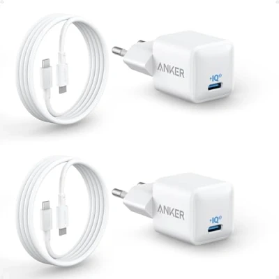 Abbildung von USB C Ladegerät 20W, Anker 511 (Nano), PIQ 3.0 kompaktes Schnellladegeräte + 2 180cm auf Kabel, iPad für iPhone 16/15/iPad Pro (Doppelset, 2X Netzteil &amp; Kabel)