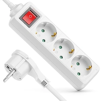 Abbildung von deleyCON 3 Fach Steckdosenleiste mit Flachstecker &amp; EIN/AUS Schalter Mehrfachsteckdose Stromleiste für Innenbereich 1,4 m Kabel Flachkontakt Stecker Robustes Kunststoffgehäuse Weiß