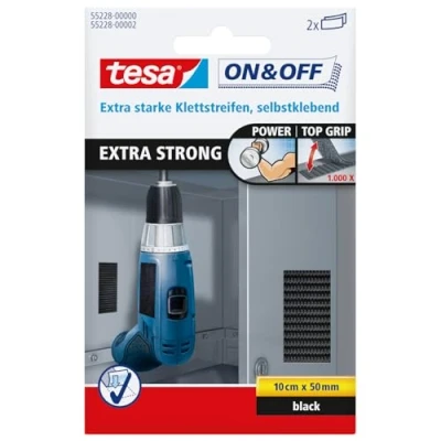 Abbildung von tesa On &amp; Off Extrastarke Klett Klebepads Selbstklebende Klettstreifen zum Befestigen schwerer Gegenstände, extra stark Schwarz 10 cm x 5 2 Stück