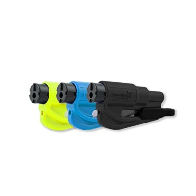 Abbildung von resqme Family Pack, Notfall Schlüsselanhänger für Autoflucht, 2 in 1 Sicherheitsgurtschneider und Fensterbrecher, schwarz, blau, sicherheitsgelb, 3 Stück (1er Pack)