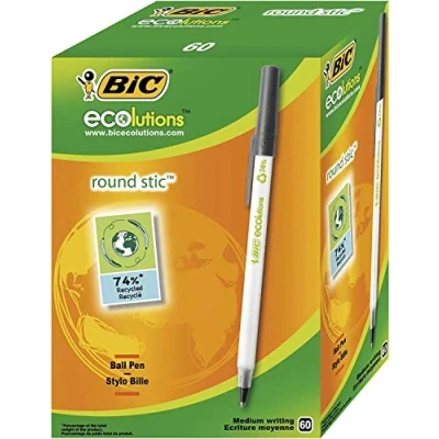 Abbildung von BIC Kugelschreiber ECOlutions Round Stic, in Schwarz, Strichstärke 0,4 mm, 60er Pack, Ideal für das Büro, Home Office oder die Schule
