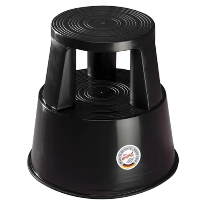 Abbildung von Wedo Rollhocker Step aus Kunststoff, bruchfest, rollbarer Tritthocker, TÜV geprüft, Made in Germany, Höhe 43 cm, Tragkraft 150 kg, schwarz