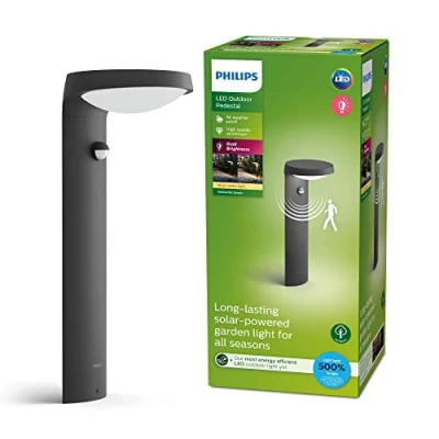 Abbildung von PHILIPS Tyla Outdoor Sockelleuchte (9 W), wetterfeste Außenleuchte mit Bewegungsmelder und warmweißem Licht, energiesparende LED Beleuchtung, anthrazit