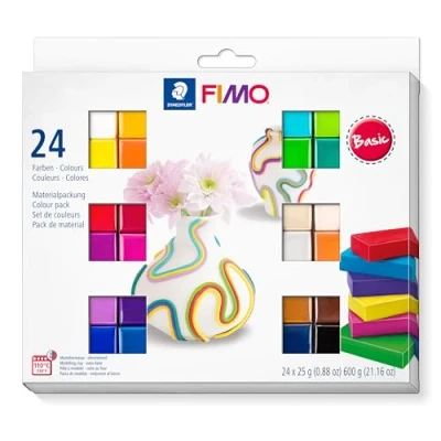 Abbildung von STAEDTLER 8023 C24 1 soft ofenhärtende Modelliermasse. Kartonetui mit 24 sortierten Basic Farben, Halbblöcke à 25 g