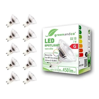 Abbildung von greenandco 10x CRI 90+ GU10 LED Spot, 7W 450 lm 36 3000K warmweiß 230V, flimmerfrei, nicht dimmbar, 2 Jahre Garantie