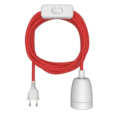 Abbildung von ledscom.de Textilkabel LEHA II, Stecker, Schalter, rot, weiß, 3 m, Porzellan Fassung, 1x E27 max. 300W, Led, Diy, Lampenfassung, E27, Textilkabel, Haengelampe, Netzstecker, Gluehlampe