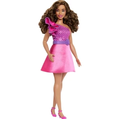 Abbildung von Barbie Fashionistas Puppe #225, kruvige Körpergröße mit braunem Haar, glitzerndem Kleid in Pink und Zubehörteilen, sammelbare Modepuppe zum 65. Jubiläum, HRH22