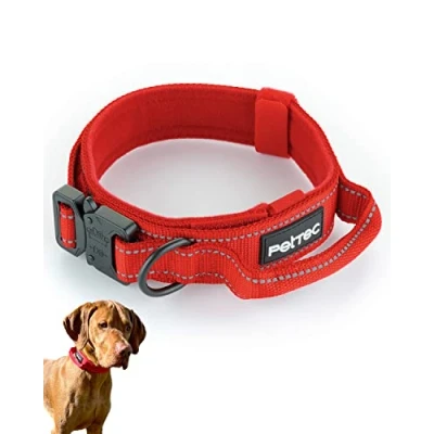 Abbildung von PetTec Hundehalsband aus Neopren &amp; Nylon, Halsband mit Griff für kleine große Hunde weich gepolstert (S XL), äußerst robust wasserabweisend, verstellbar, rot
