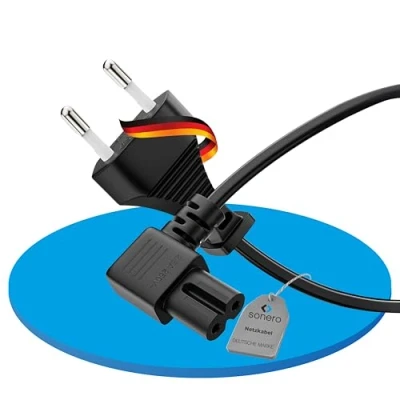 Abbildung von sonero Stromkabel Netzkabel 2 Polig, 5,0m, Eurostecker Typ C Netzstecker auf IEC Buchse C7 Euro 8 Stecker, 90 Winkel Netzteil Strom Kabel für TV, PS5, PS4, PS3, Haushaltsgeräte, Weiß