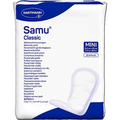 Abbildung von Samu Classic Mini weiche Wöchnerinnen Vorlagen für zuverlässigen Schutz nach der Geburt, hautfreundlich und schnell absorbierend, ohne Folie, 1x20 Stück