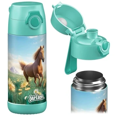 Abbildung von JARLSON® Trinkflasche Kinder &quot;MALI&quot; Thermo Edelstahl Wasserflasche BPA frei auslaufsicher Kinderflasche mit Chug Deckel Flasche für Schule, Kindergarten Pferd 2.0, 350 ml