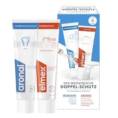 Abbildung von aronal &amp; elmex Zahnpasta Doppel Schutz 2x75ml , Medizinische Zahnreinigung mit Zink und Aminfluorid Doppelter für Zahnfleisch Zähne Stärkt gegen Karies morgens abends