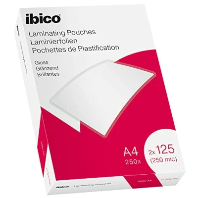Abbildung von Ibico Laminierfolien A4 250 Mikron (2 x 125 mic), 100 Stück, Glänzende Heißlaminierfolien, Abgerundete Ecken, Ideal für Büro oder Schule, Transparent, Kristallklar, 627318