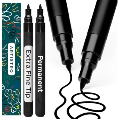 Abbildung von Artistro Permanent Marker Schwarz 2 Stück Acrylstifte Wasserfest Filzstift mit 0,7 mm Spitze, Schnell Trocknender Glanzlackmarker für Textil, Stein, Keramik, Glas, Holz, Metall, Karton