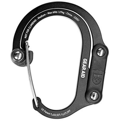 Abbildung von GEAR AID HEROCLIP Karabiner Ausrüstungsclip und Haken (Mittel) für Camping, Rucksack Garagenorganisation, Schwarz