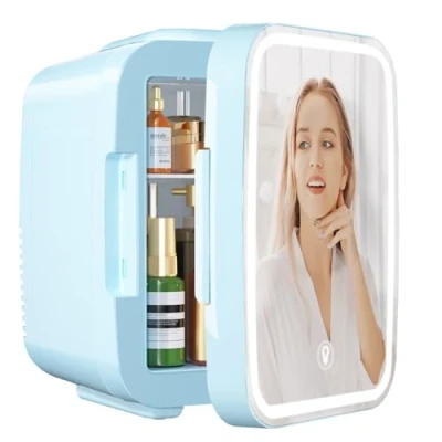 Abbildung von YASHE Mini Kühlschrank, Skincare Kühlschrank mit LED Lichtspiegel, 4 Liter Kleinkühlschrank tragbar, 220V AC / 12V DC Thermoelektrische Heizung und Kühlung für Auto, Büro, Wohnheim (Blau)