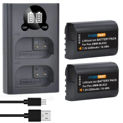 Abbildung von PowerTrust 2Pcs 2280mAh DMW BLK22 Akku und Ladegerät für Panasonic LUMIX DC S5, S5II, GH5 II, GH6