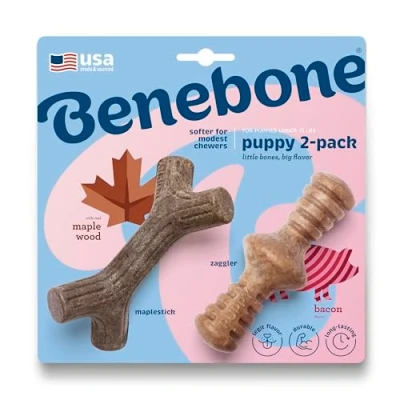 Abbildung von Benebone Puppy Tiny Packung mit 2 unzerbrechlichen Ahornstäbchen für aggressives Kauen, langanhaltender Zahnungs Langeweile Brecher Welpen, echter Speck und Holzgeschmack