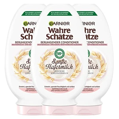 Abbildung von Garnier Wahre Schätze Beruhigende Spülung Sanfte Hafermilch, entwirrt und spendet Feuchtigkeit, für empfindliches Haar sensible Kopfhaut, 3 x 200 ml