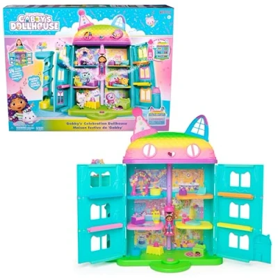 Abbildung von Gabby&#039;s Dollhouse 6071380 15 teiliges Purrfect Party Puppenhaus Spielset im Regenbogen Look, über 60cm Mit Gabby Figur, Möbeln und Geräuscheffekten, ab 3 Jahren, Umkarton