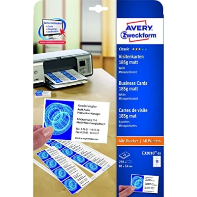 Abbildung von AVERY Zweckform C32010 25 Classic Visitenkarten, blanko (250 Stück, 185g, 85x54 mm, beidseitig bedruckbar, matt weiß, extra feine Mikroperforation, Blatt) zum Selbstbedrucken auf allen Druckern
